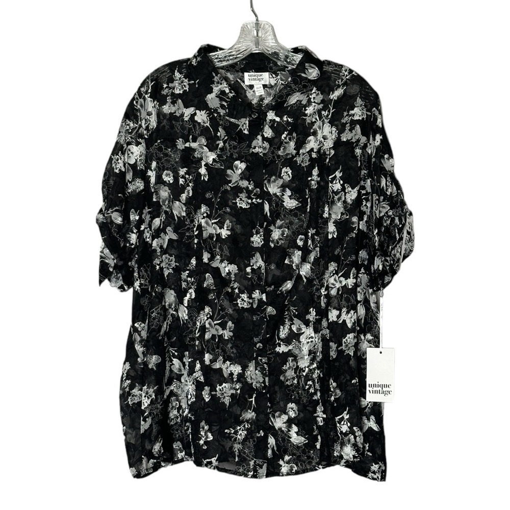 Unique Vintage Sheer Button Down Shirt 5X NWT Black Floral Embroidery Tie Sleeve